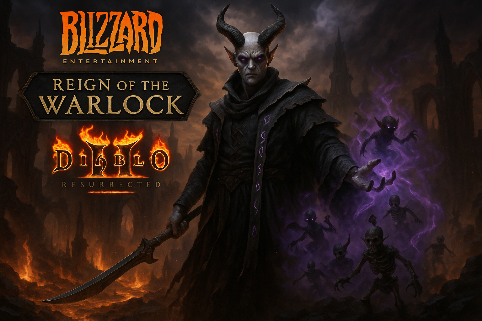 Realistic illustration of the new summoner Warlock class battling in hellscape for Diablo II: Resurrected's Reign of the Warlock expansion announcement.