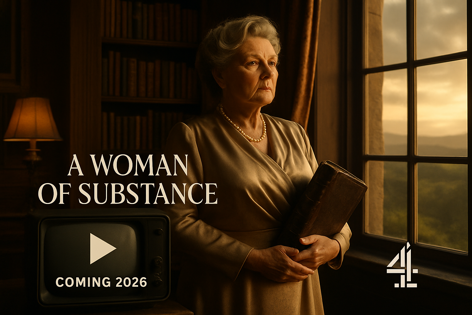 Brenda Blethyn as Emma Harte in a lavish manor, promoting Channel 4's trailer for the 2026 drama 'A Woman of Substance'.