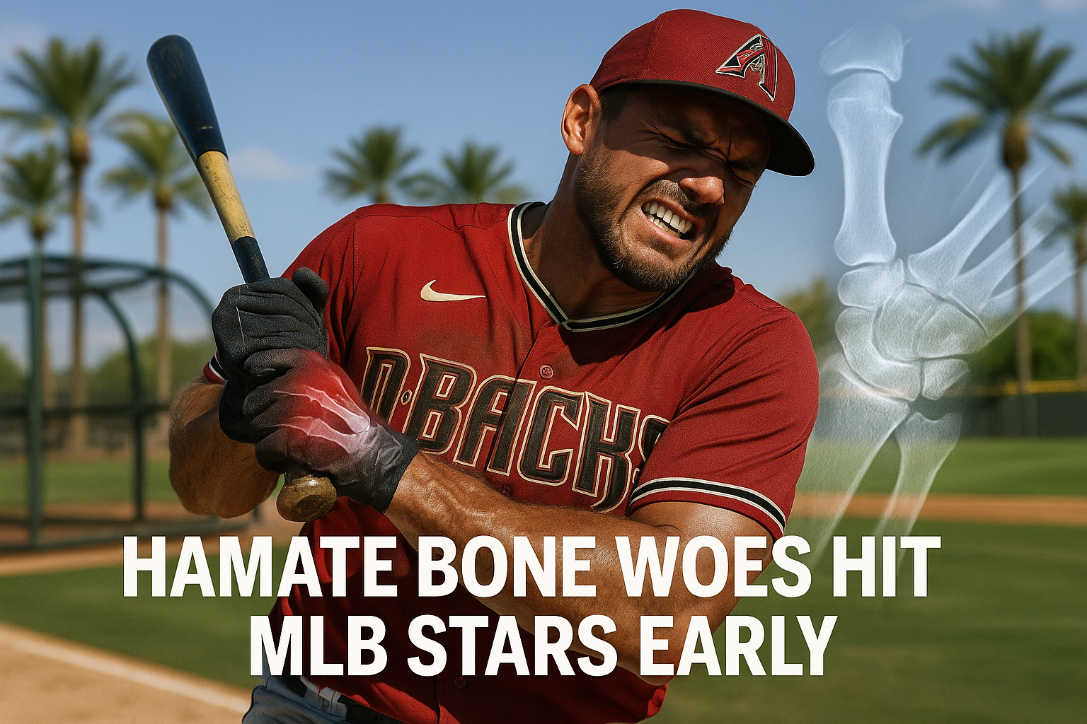 MLB player grimacing in pain from hamate bone injury during spring training, with X-ray overlay, realistic photojournalism style.