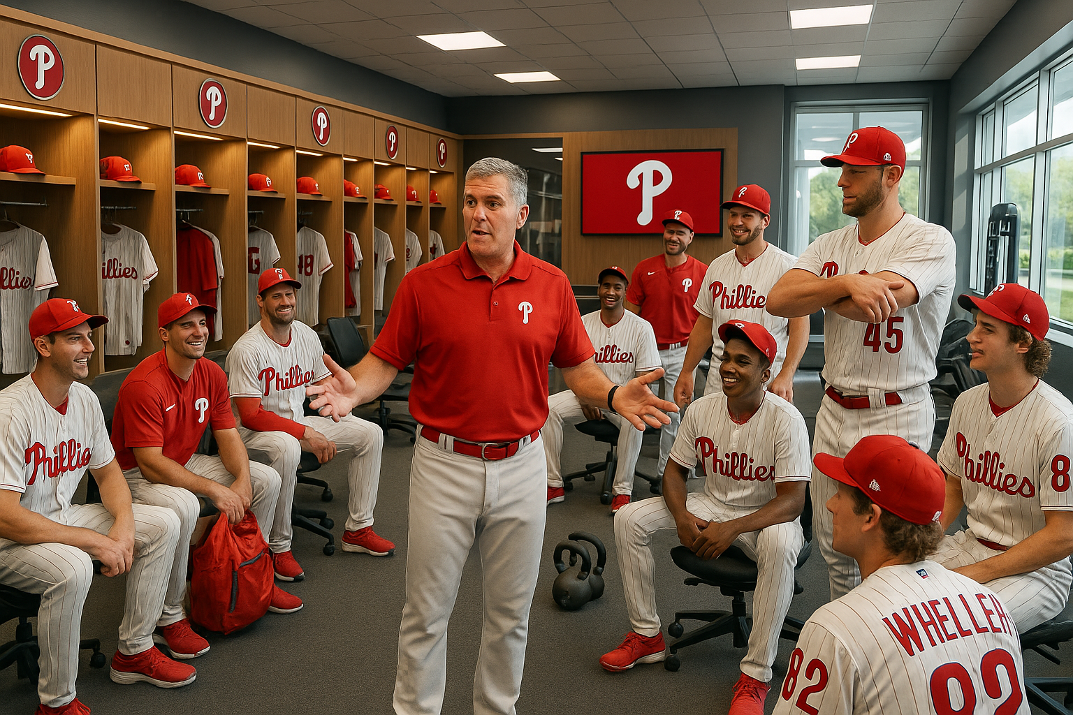Philadelphia Phillies players and Manager Rob Thomson in the newly revamped clubhouse at 2026 spring training in Clearwater, Florida.