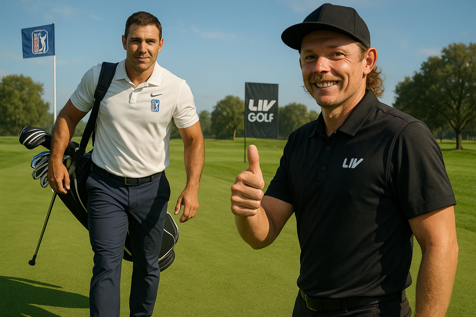 Golfers Brooks Koepka and Cameron Smith on a course, symbolizing Koepka's PGA Tour return and Smith's supportive gesture amid LIV-PGA dynamics.