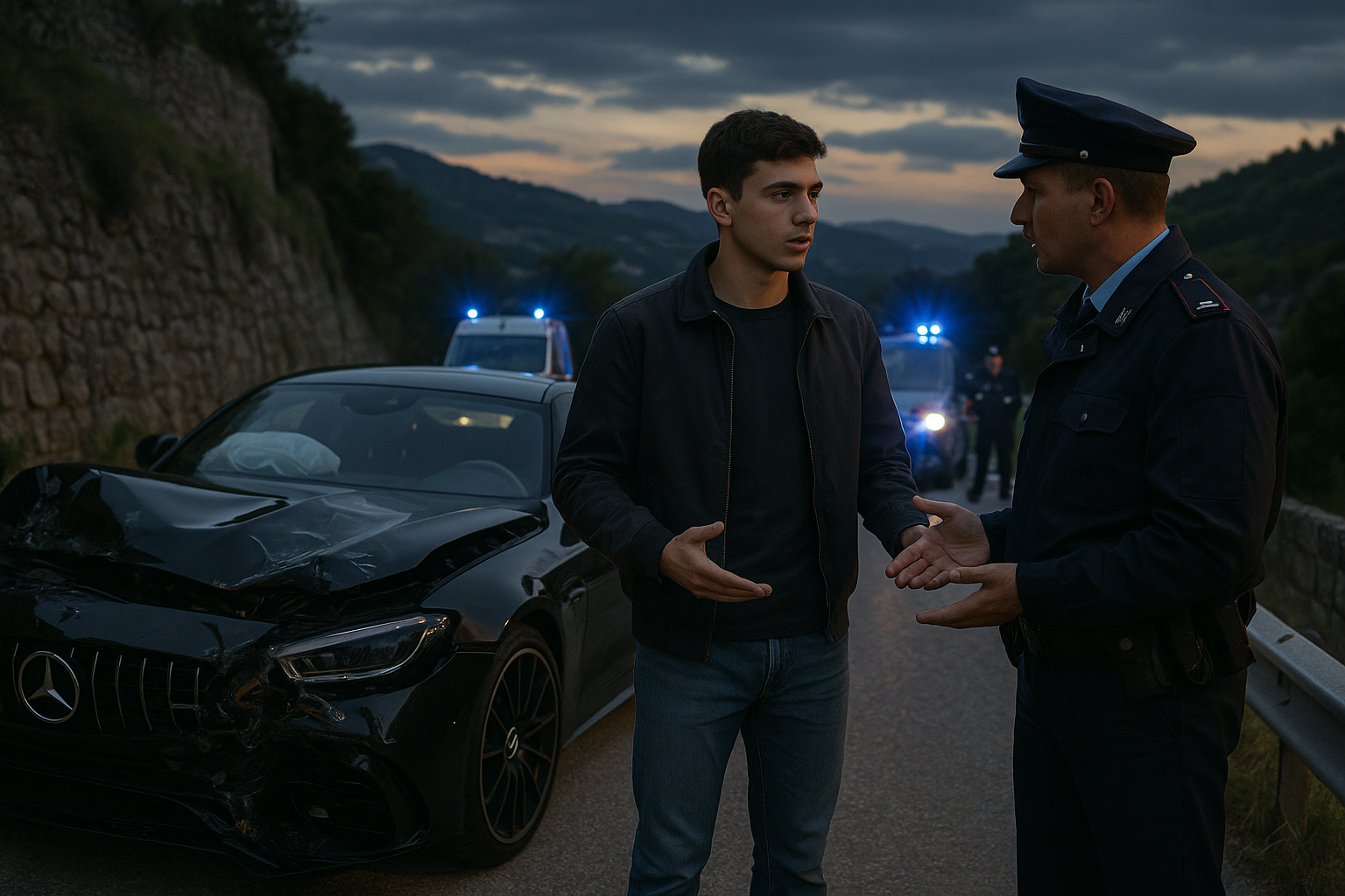 Kimi Antonelli unharmed after car crash near San Marino, standing by his damaged vehicle with emergency services on site.