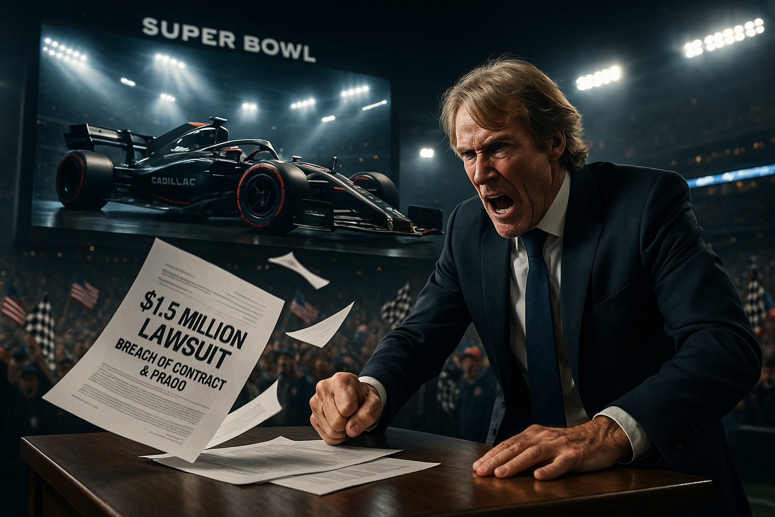 Dramatic illustration of Cadillac F1 livery Super Bowl reveal sparking $1.5M Michael Bay lawsuit.