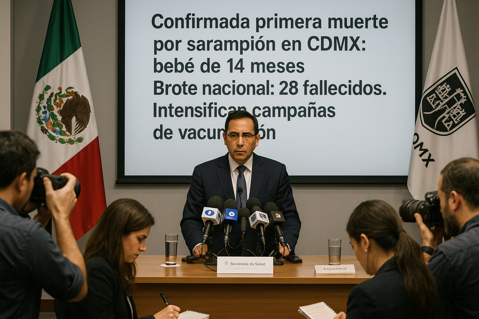 Press conference in Mexico City announcing the first confirmed measles death in a 14-month-old baby amid national outbreak.