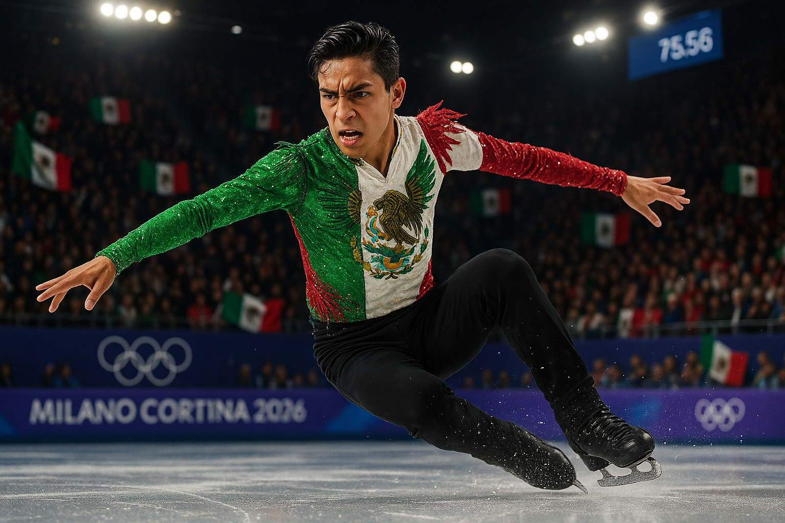 Mexican skater Donovan Carrillo executes a jump in the short program at the 2026 Winter Olympics, qualifying for the men's figure skating final amid cheering fans.