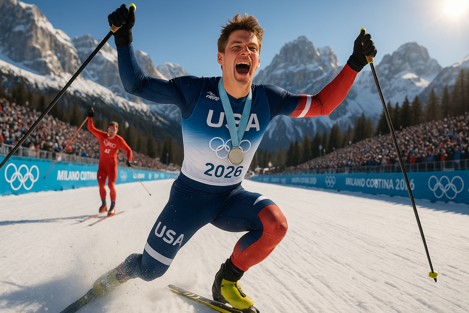 Ben Ogden of the USA celebrates silver medal at the finish line of the Olympic men's cross-country sprint, snow flying, crowd cheering.