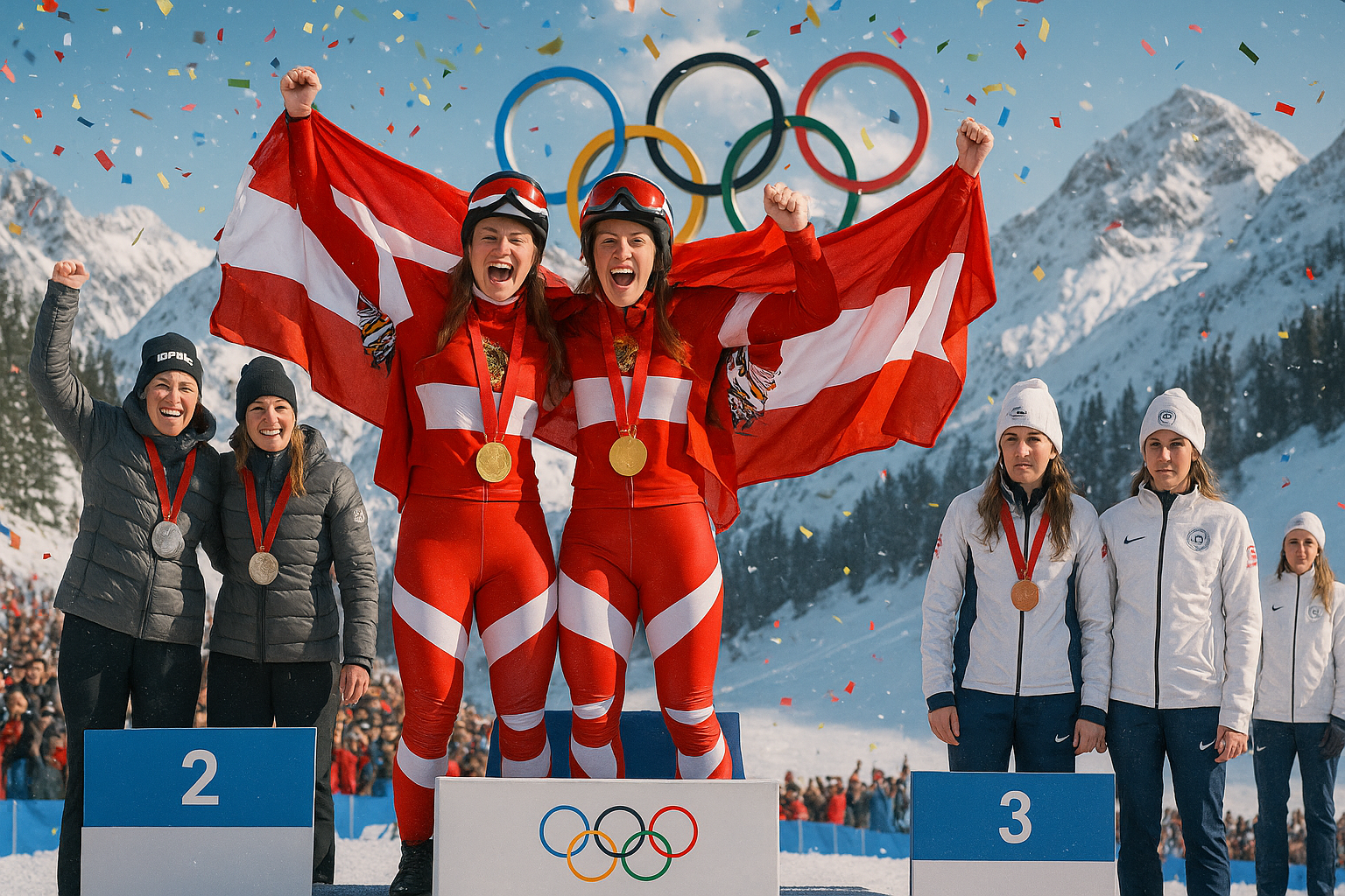 Austria's Raedler and Huber on gold medal podium celebrating Olympic alpine skiing team victory, with flags, confetti, and mountain backdrop.