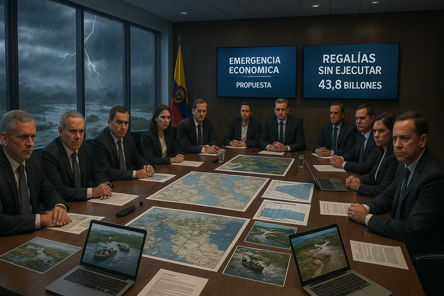 Colombian government officials in Montería urgently coordinate flood response for Córdoba, with maps of inundated areas from heavy rains and Urrá reservoir.