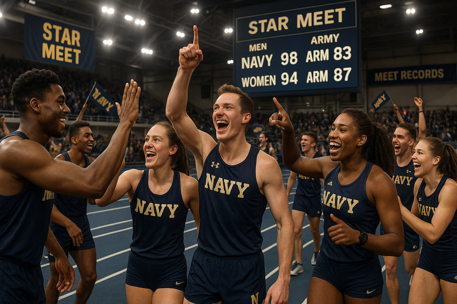Navy track and field teams celebrate indoor Star Meet wins over Army, with scoreboard highlights.