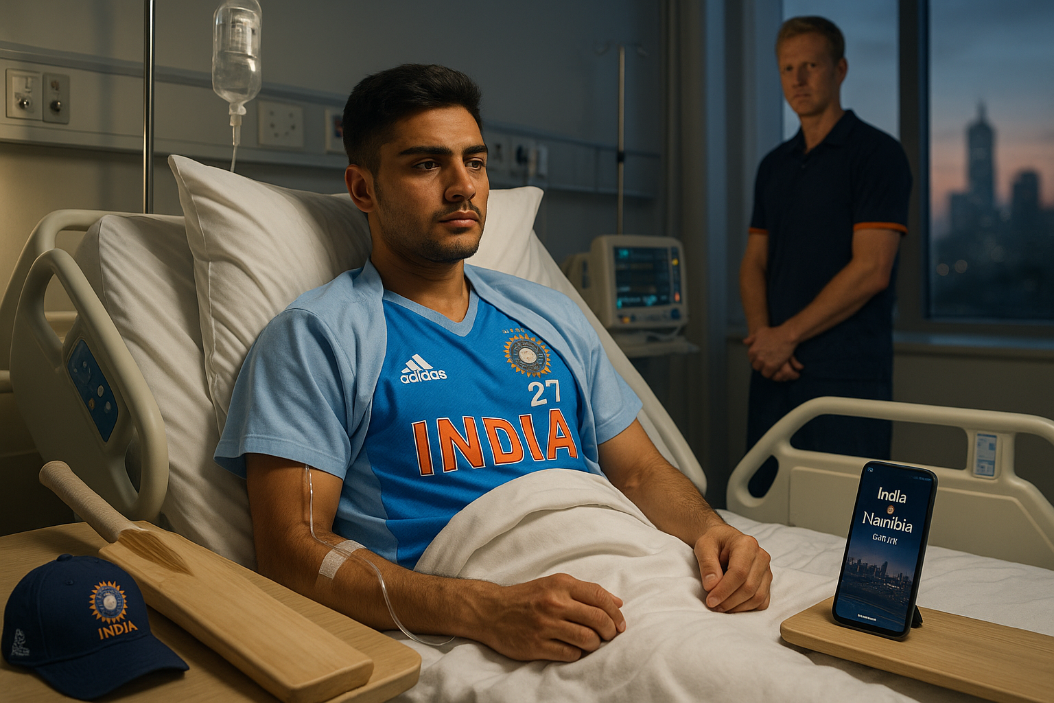 Abhishek Sharma in hospital bed with stomach infection, doubtful for T20 World Cup match vs Namibia, as assistant coach looks on.