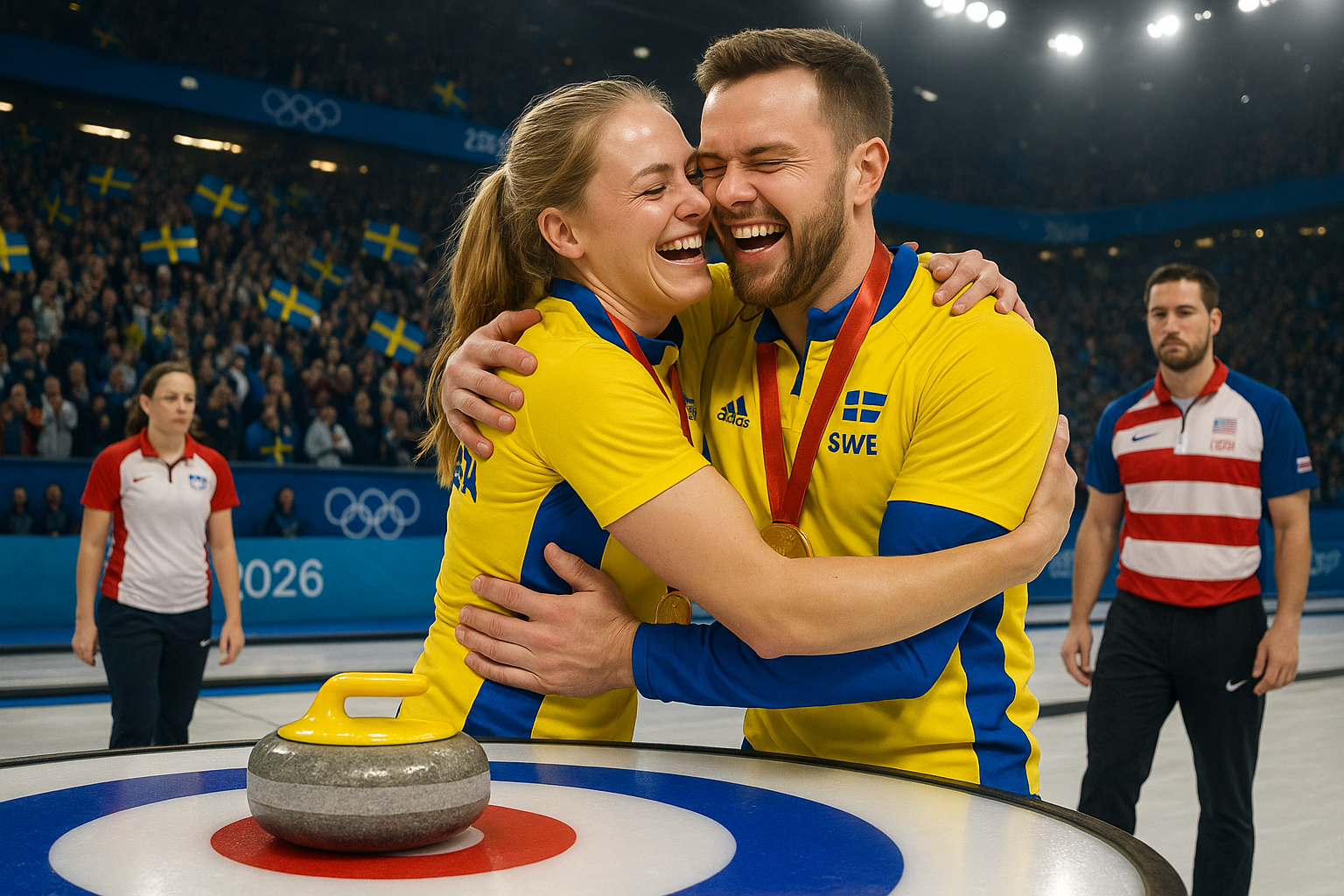 Swedish curlers Isabella and Rasmus Wranå celebrate Olympic gold after beating USA in mixed doubles final.