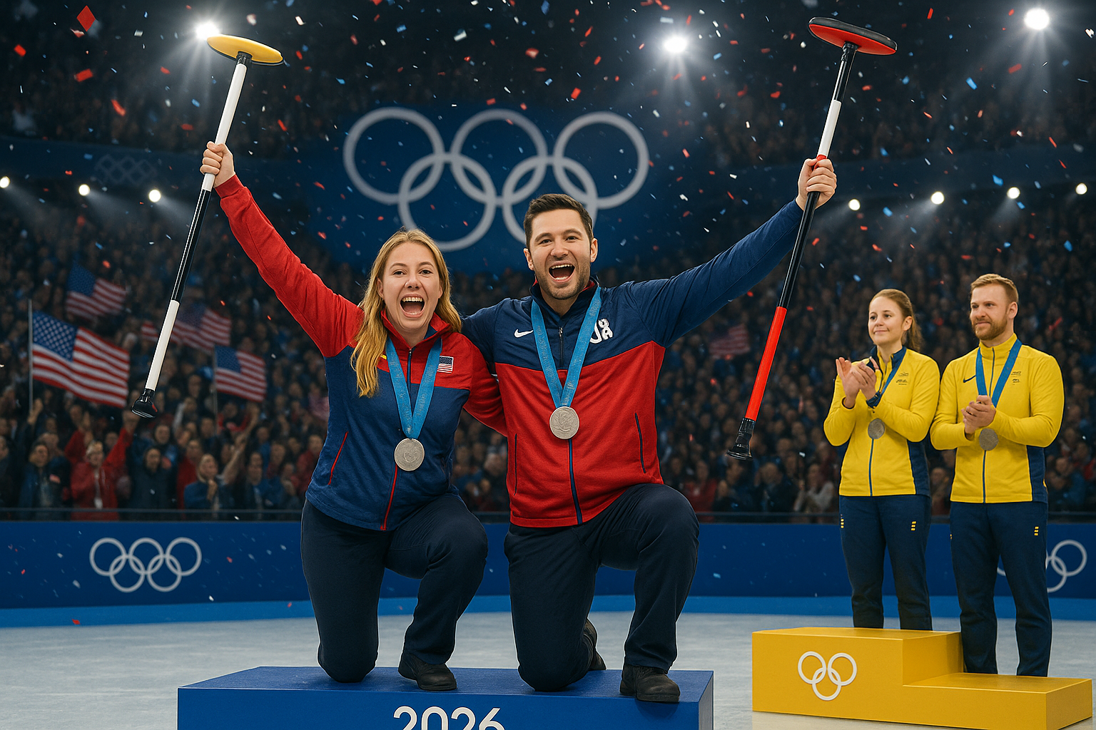 US curlers Cory Thiesse and Korey Dropkin celebrate historic silver medal in Olympic mixed doubles curling on the podium.