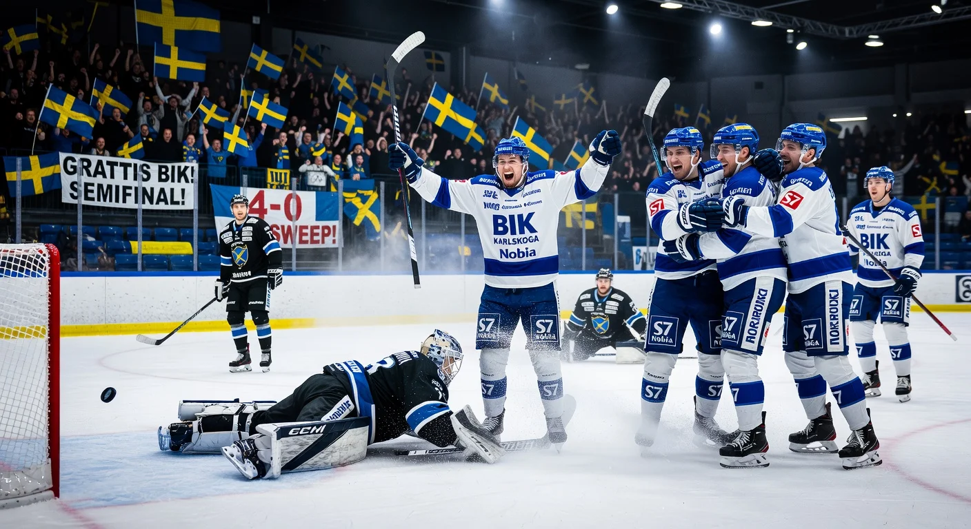 BIK Karlskoga players celebrate their overtime victory and series sweep over Nybro Vikings in HockeyAllsvenskan playoffs.