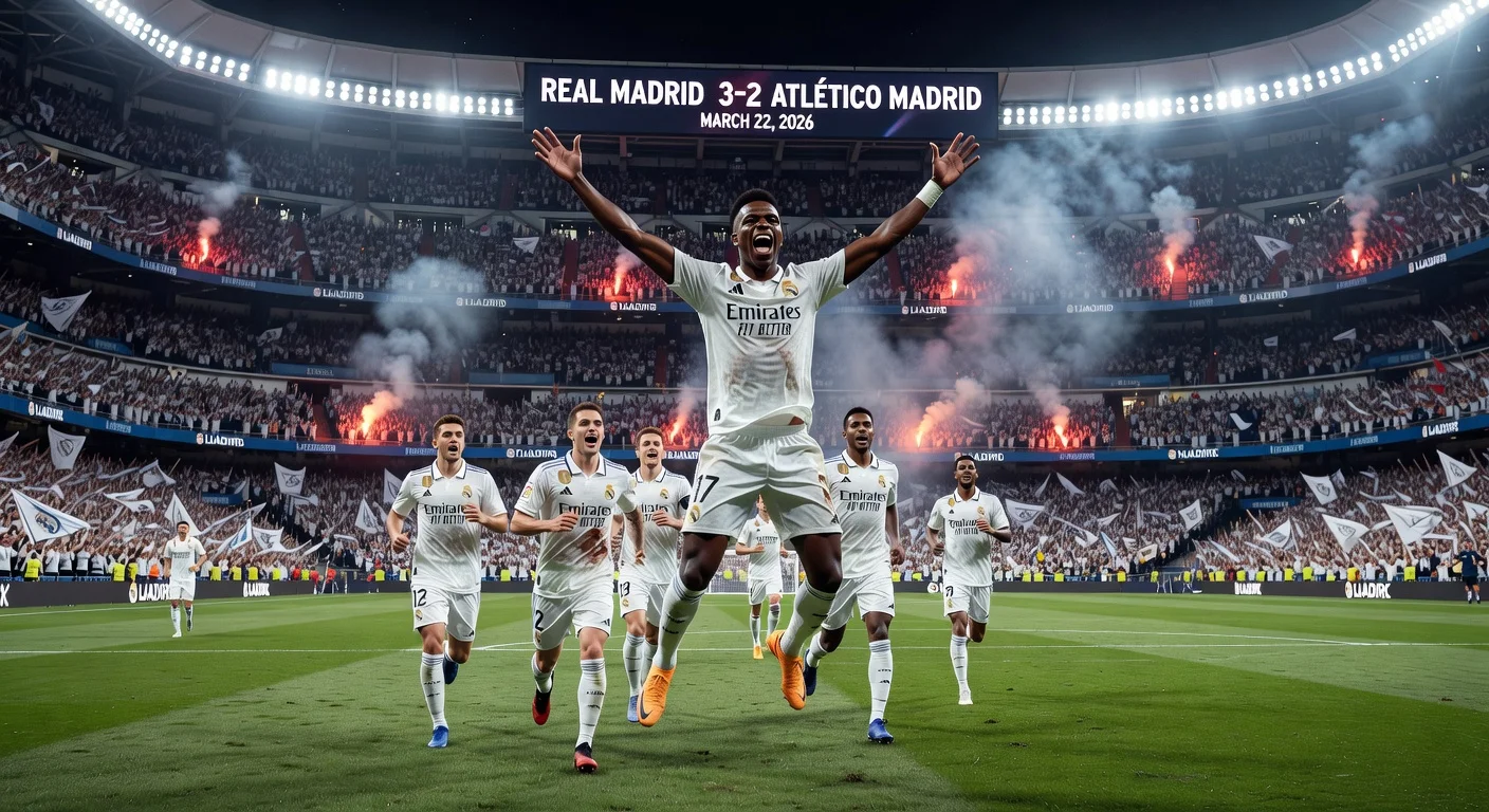 Vinicius Junior celebrates Real Madrid's dramatic 3-2 comeback win over Atletico Madrid in the LaLiga derby thriller at Santiago Bernabeu.