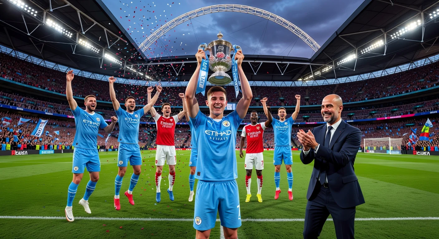 Manchester City players lift the EFL Cup trophy after 2-0 win over Arsenal at Wembley, with scorer Nico O'Reilly celebrating.
