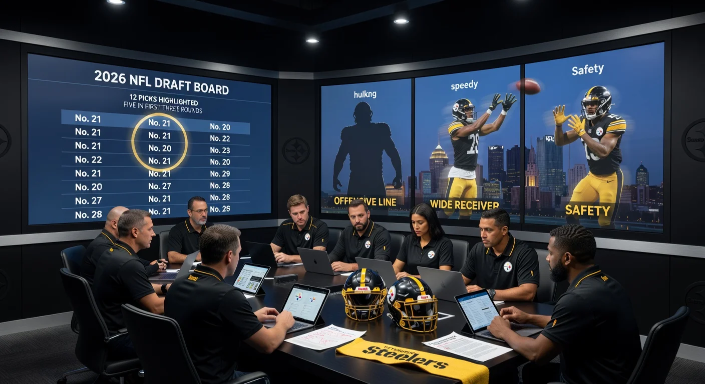 Realistic depiction of Steelers draft war room highlighting top 2026 NFL Draft needs: offensive line, wide receiver, and safety.