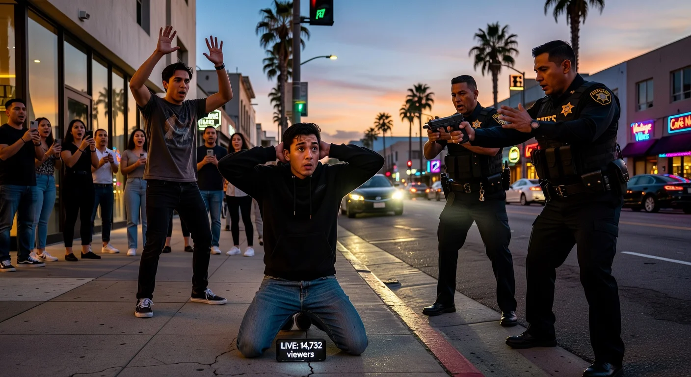 News illustration of streamer N3on kneeling at gunpoint by deputies during a swatting hoax on Melrose Avenue with friend Benjy Chavez nearby.