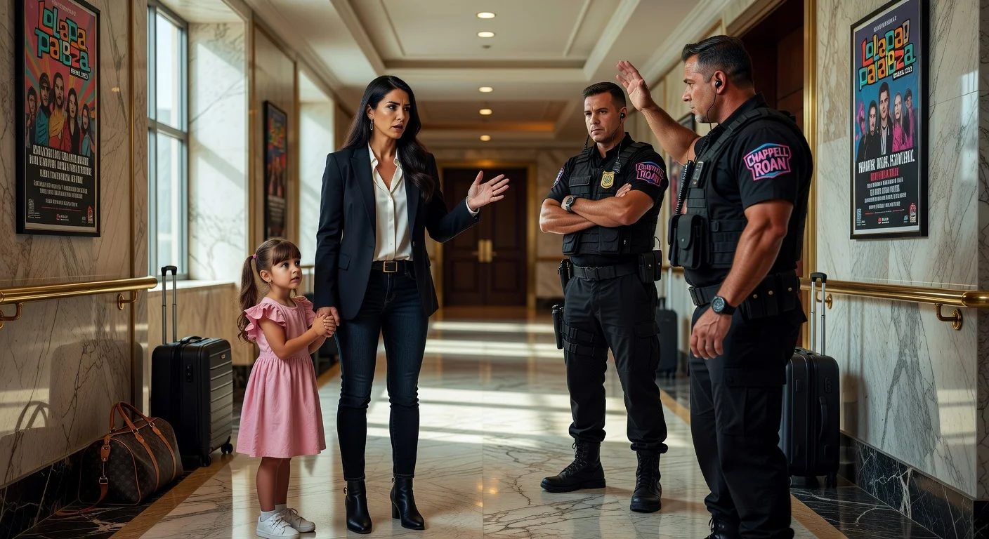 Illustration depicting Catherine Harding confronting Chappell Roan's security guards at a Lollapalooza hotel in São Paulo, protecting her daughter.