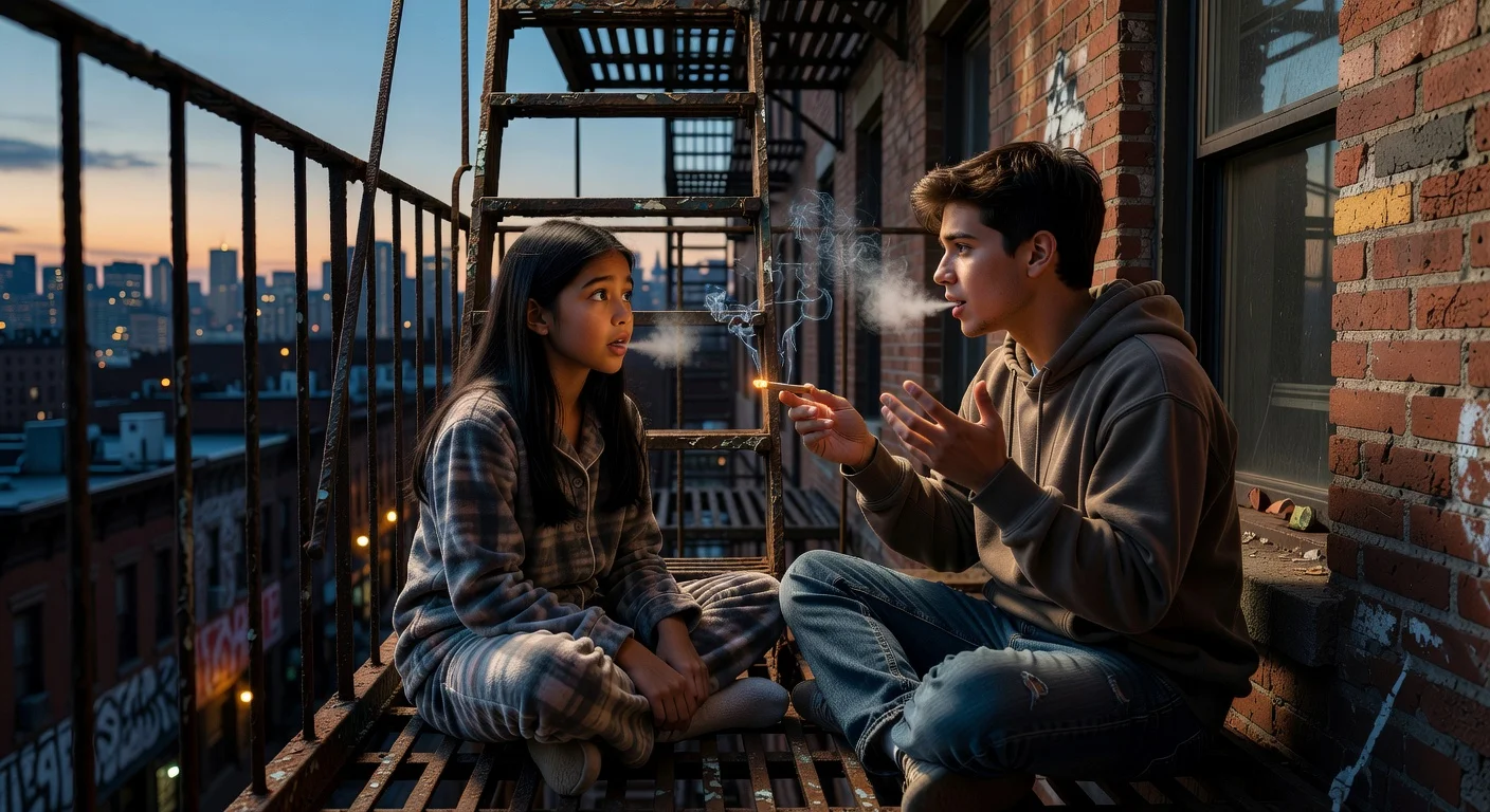 Illustrative depiction of 11-year-old Romy Mars smoking marijuana with her babysitter on an urban fire escape, as described in her TikTok story.