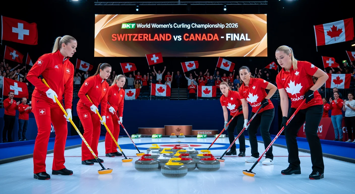 Switzerland women's curling team faces Canada in the BKT World Women’s Curling Championship 2026 final on the ice in Calgary.