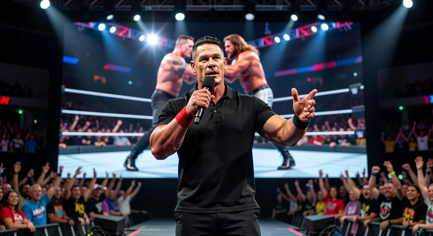 John Cena speaking at MEGACon Orlando about his WWE match with AJ Styles, with match footage on screen behind him.