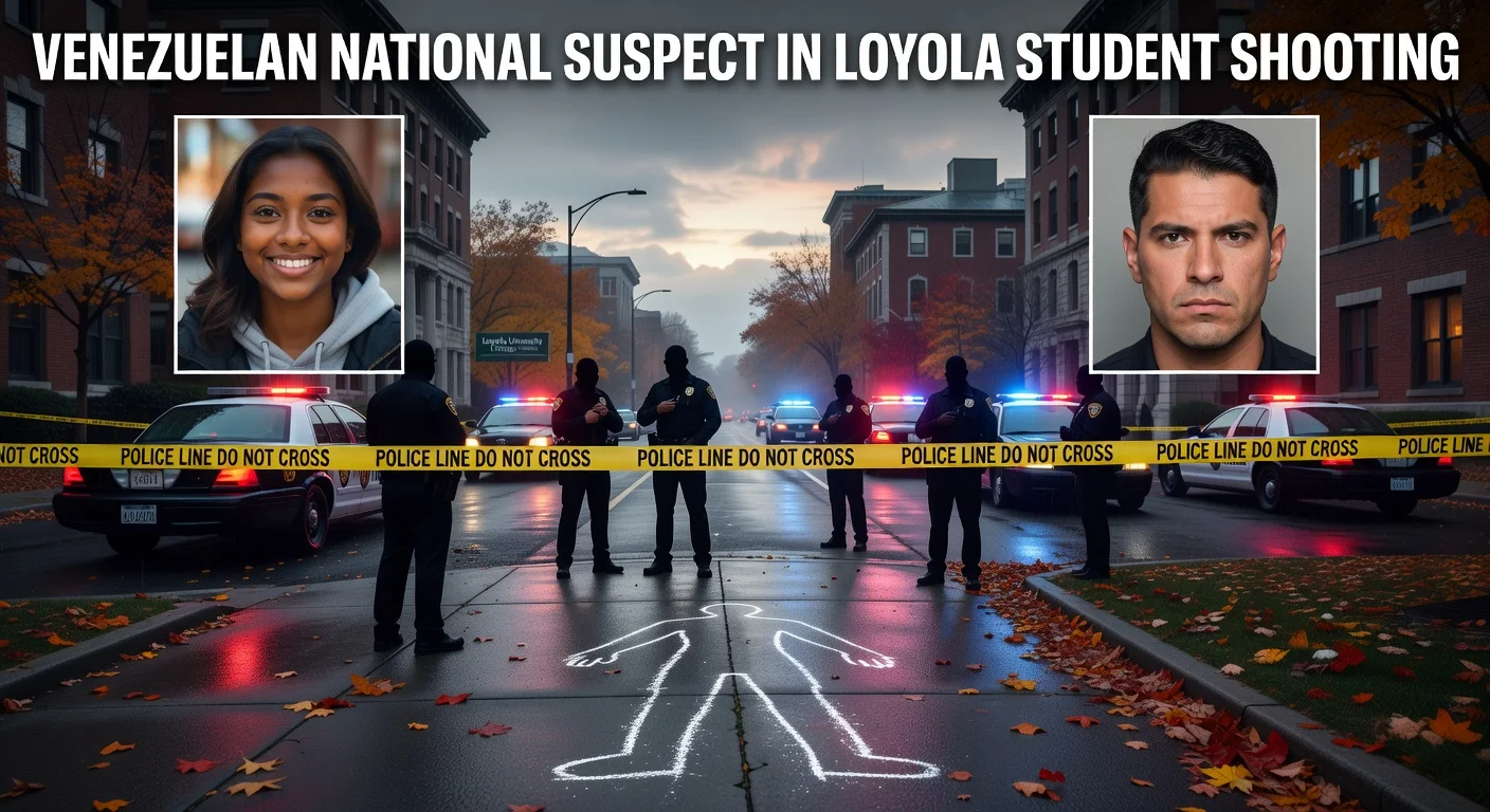 News illustration of crime scene near Loyola University Chicago campus, with insets of victim Sheridan Gorman and suspect Jose Medina-Medina.