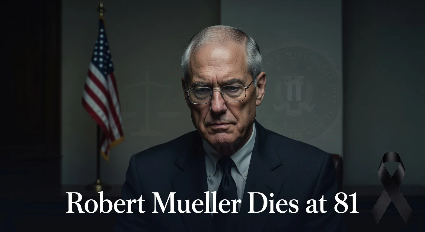 Somber photorealistic portrait of Robert Mueller with American flag and mourning elements for news obituary illustration.