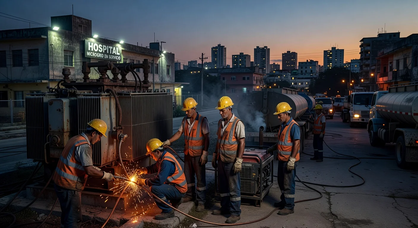 Cuban workers repair power infrastructure in Nuevitas after nationwide blackout, with dark Havana skyline and microgrids in background.