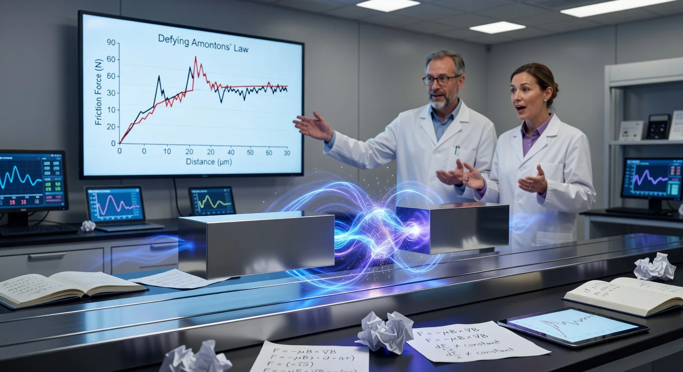 Lab scene depicting contactless magnetic friction discovery: hovering metallic blocks with magnetic fields and graphs breaking Amontons' law.