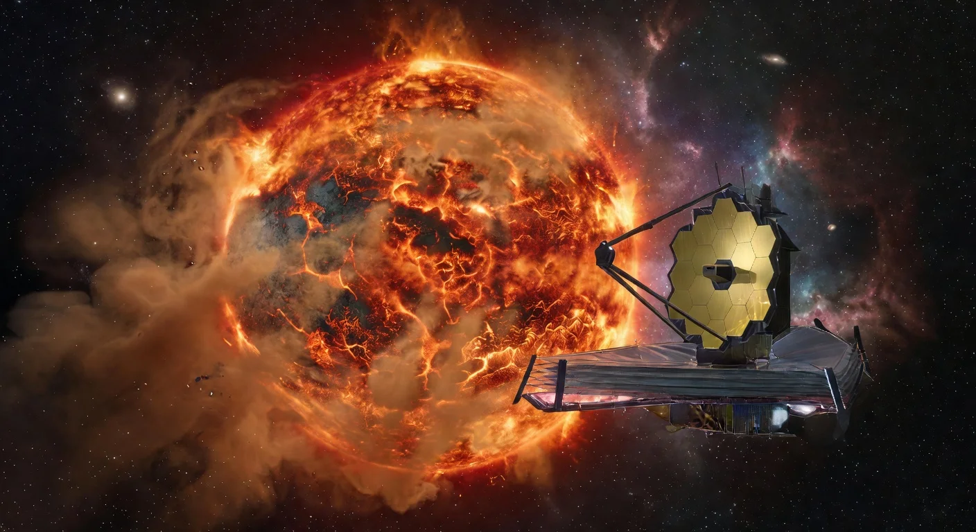 Artistic rendering of the James Webb Space Telescope observing the atmosphere-shrouded molten super-Earth TOI-561 b near its host star.