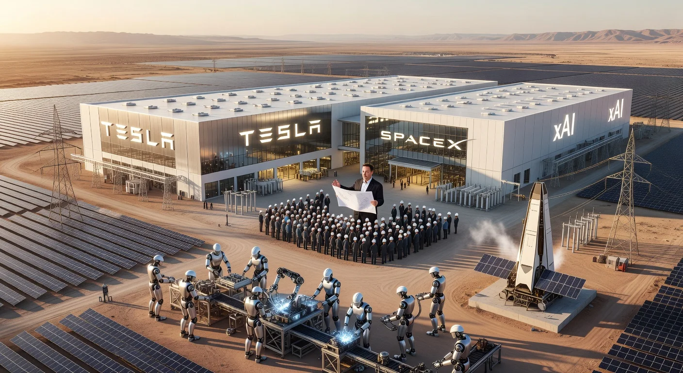 Illustration of Tesla's Terafab, the largest chip factory, with Optimus robots, solar satellites, and Elon Musk announcing the project.