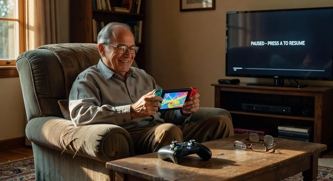 Senior gamer happily playing handheld device in living room, adapting to age-related physical declines for continued enjoyment.