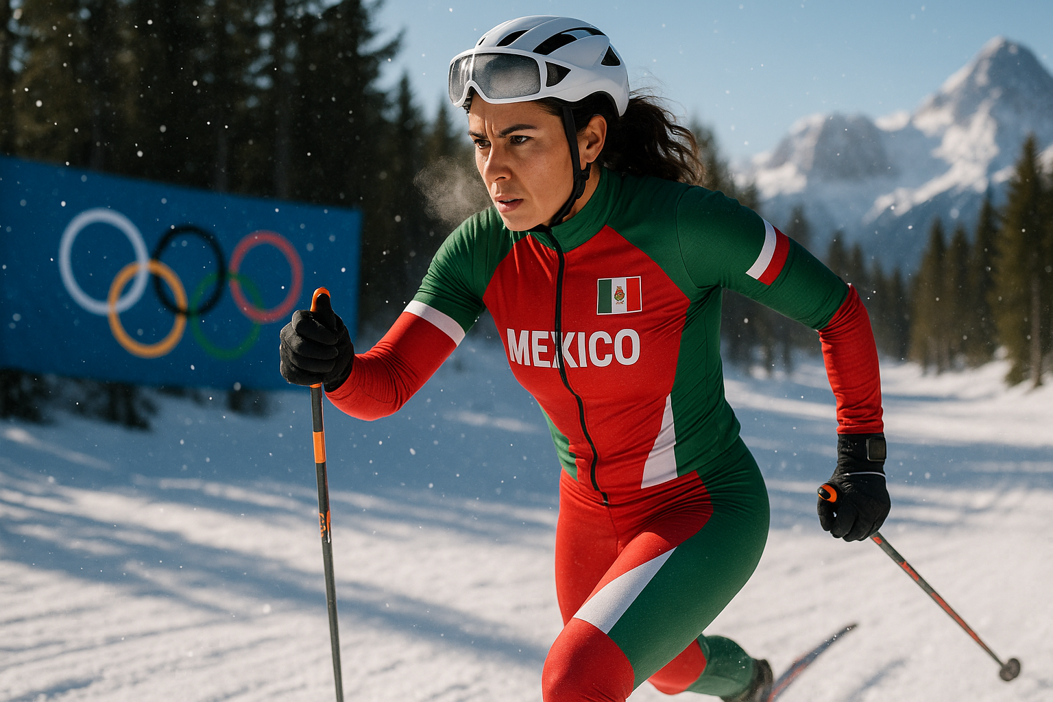 Regina Martínez, Mexico's first cross-country skier, in action during her 2026 Winter Olympics debut on a snowy trail.