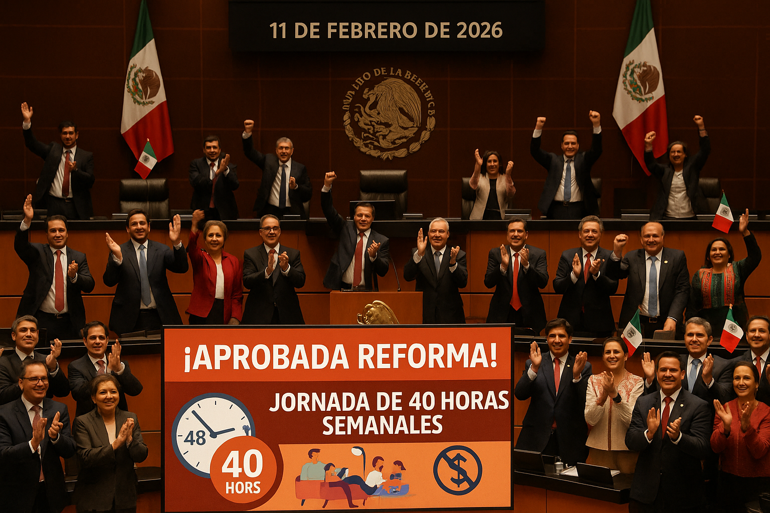 Mexican senators applauding in the Senate chamber after approving the 40-hour workweek reform.