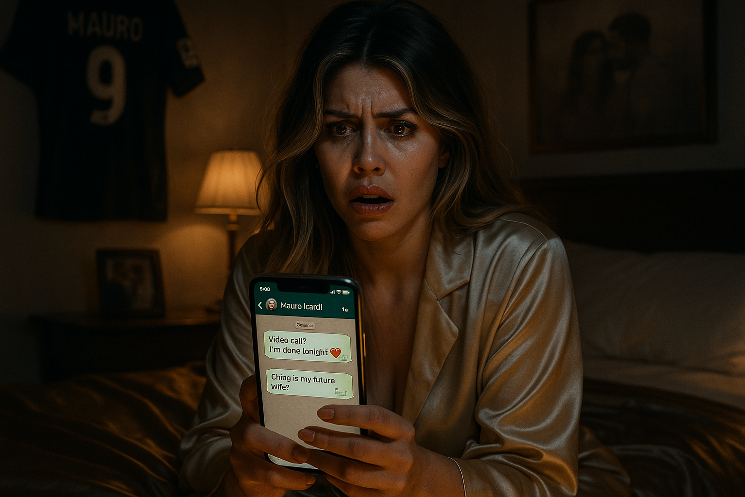 Dramatic illustration of Wanda Nara reading provocative late-night messages from ex-husband Mauro Icardi amid reconciliation rumors.