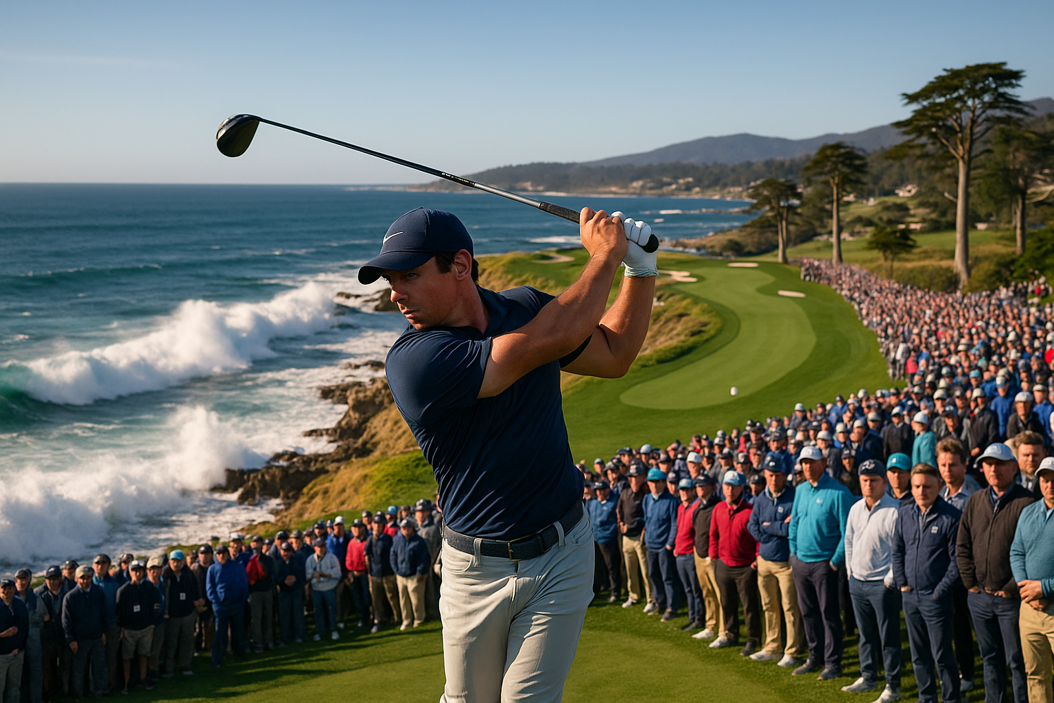 Rory McIlroy teeing off at Pebble Beach Pro-Am with dramatic ocean cliffs and cheering crowd.