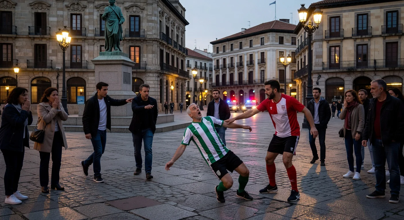 Dramatic illustration of Racing Santander fan falling after assault by Albacete supporter in Santander's Plaza Simón Cabarga.