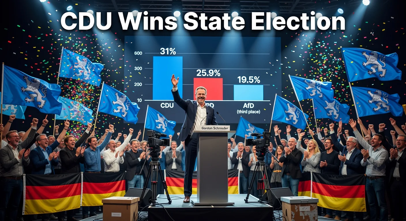 CDU leader Gordon Schnieder celebrates victory in Rhineland-Palatinate election with supporters and results display showing CDU at 31%.