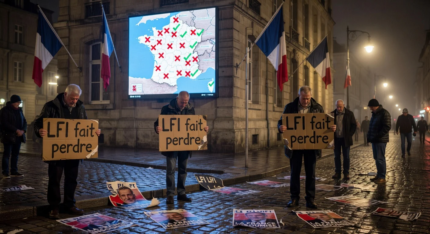 Illustration of French left's electoral losses in historic strongholds like Brest due to LFI alliances in 2026 municipal elections, showing dejected supporters and results map.