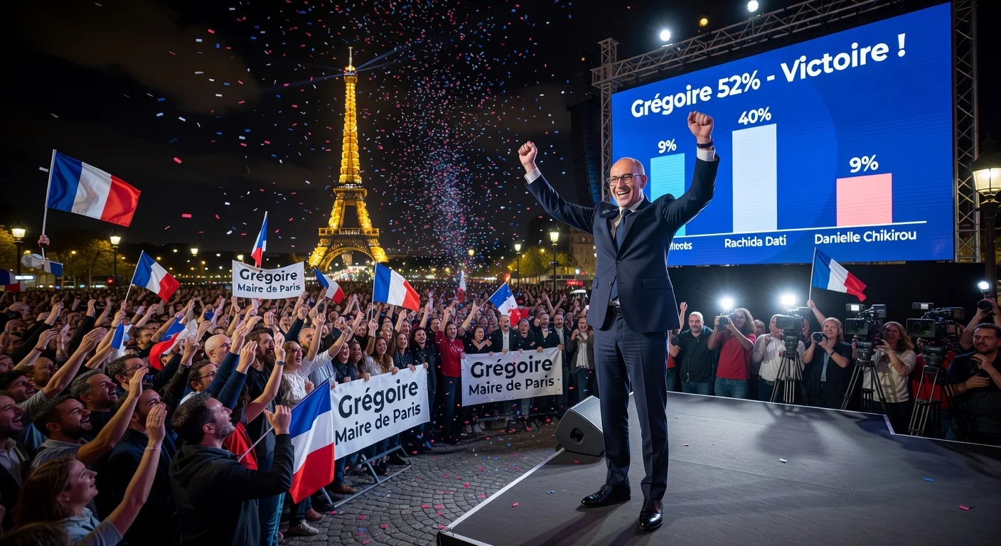Emmanuel Grégoire celebrates victory as Paris's 2026 mayor-elect amid cheering supporters and iconic Eiffel Tower.