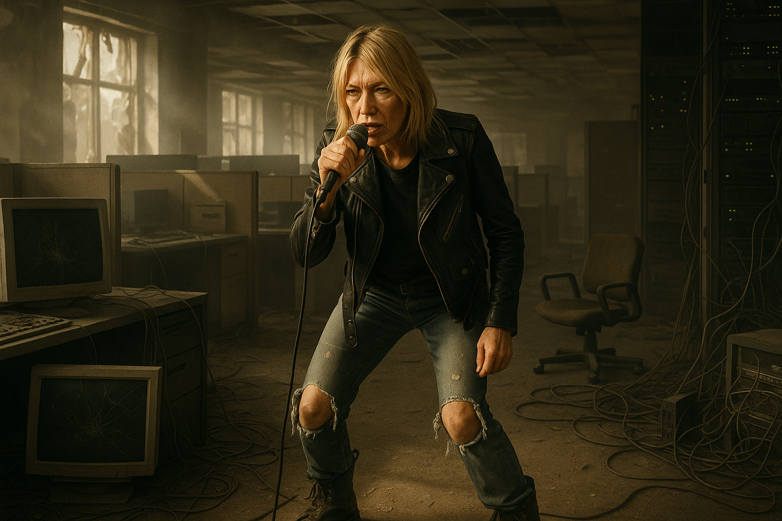 Kim Gordon performing in a derelict tech office for her single 'Dirty Tech' video.