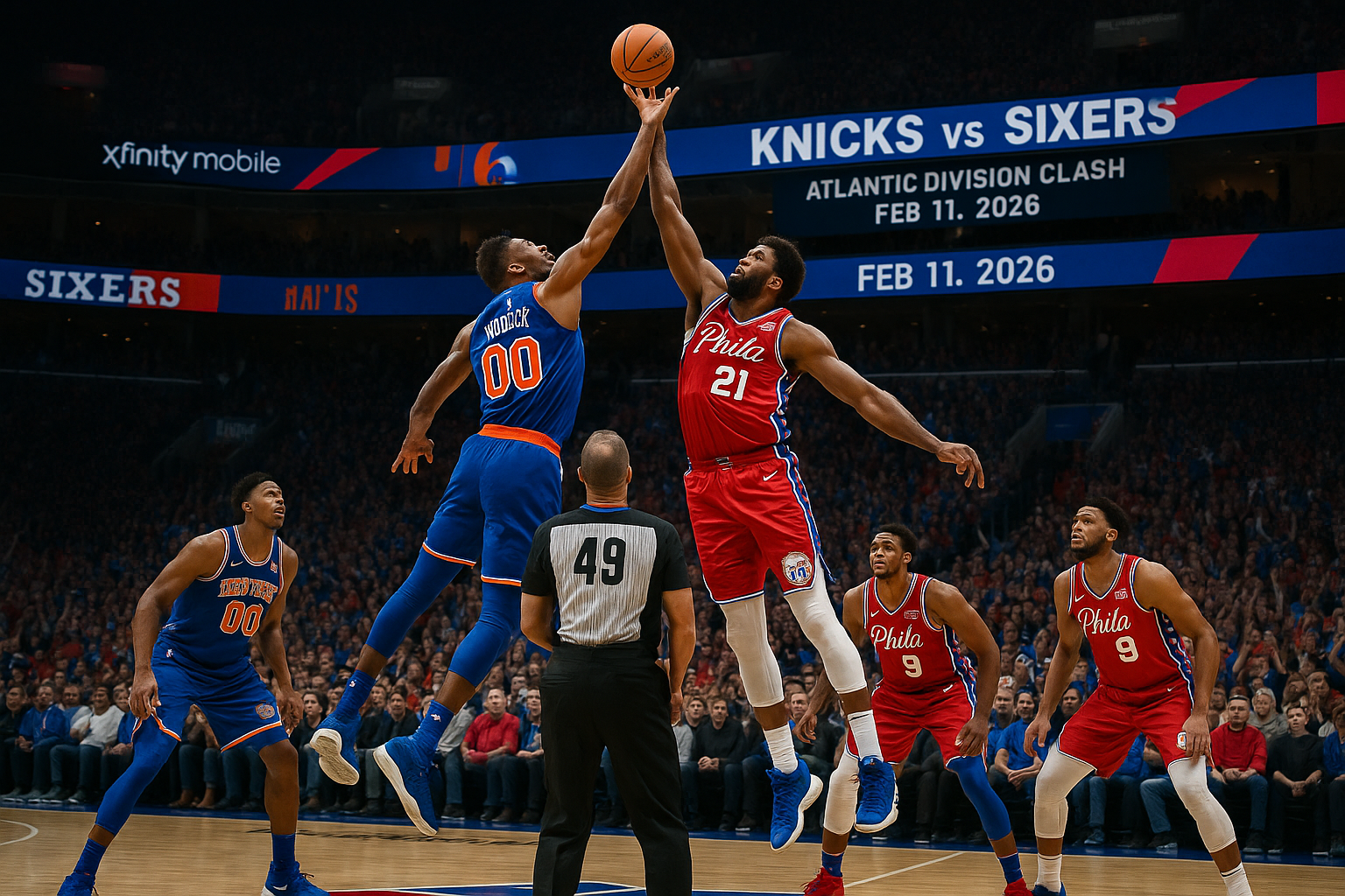 Action shot of New York Knicks vs. Philadelphia 76ers NBA tip-off at Xfinity Mobile Arena.