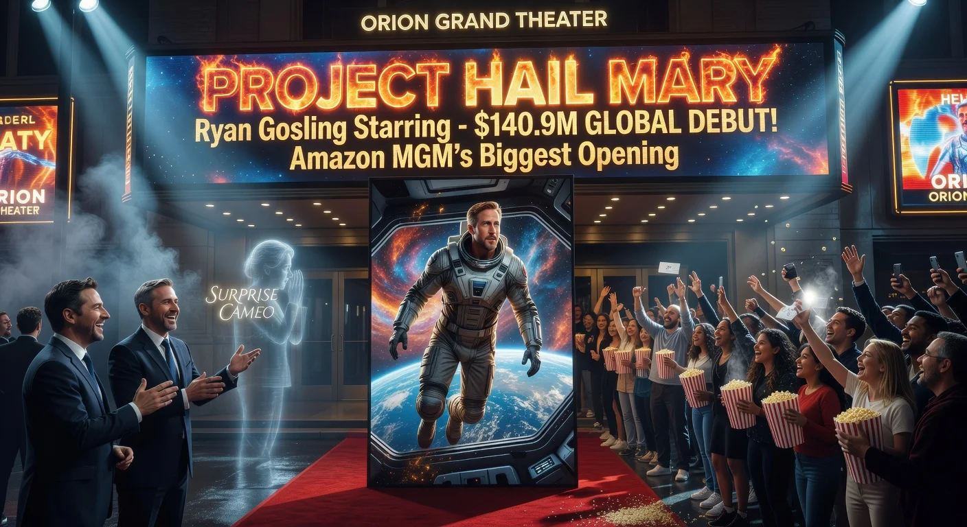 Dynamic illustration of Project Hail Mary film's record $140.9 million global opening, featuring Ryan Gosling poster, cheering crowds at a packed theater, and nods to directors and Meryl Streep cameo.