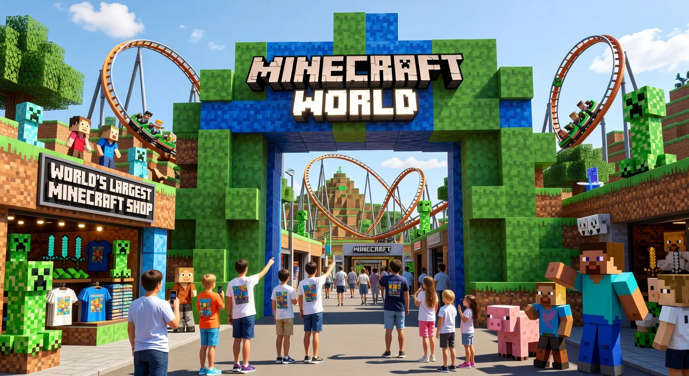Artist's impression of the Minecraft World theme park at Chessington, featuring a rollercoaster, blocky playscapes, and mob meet-and-greets.