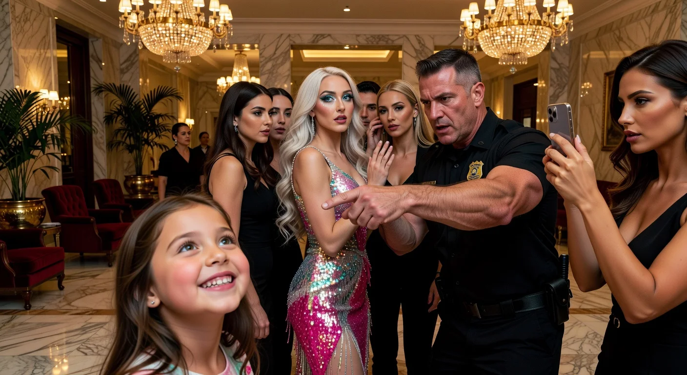 Tense hotel lobby scene: security guard confronts smiling young girl near Chappell Roan, filmed by a woman.