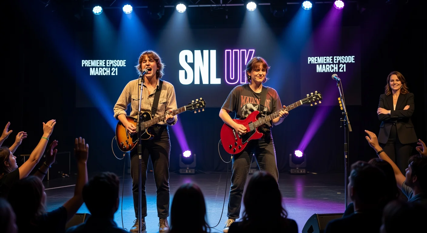 Wet Leg performs energetically on the SNL UK premiere stage, hosted by Tina Fey.