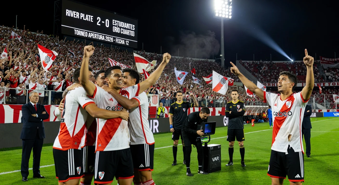 River Plate players celebrate 2-0 win over Estudiantes de Río Cuarto amid VAR checks at Antonio Candini Stadium.