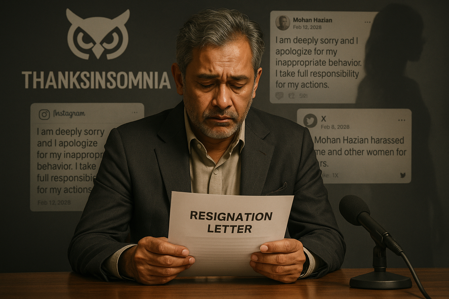 Illustration of Mohan Hazian resigning from Thanksinsomnia fashion brand amid sexual harassment scandal and public apology.