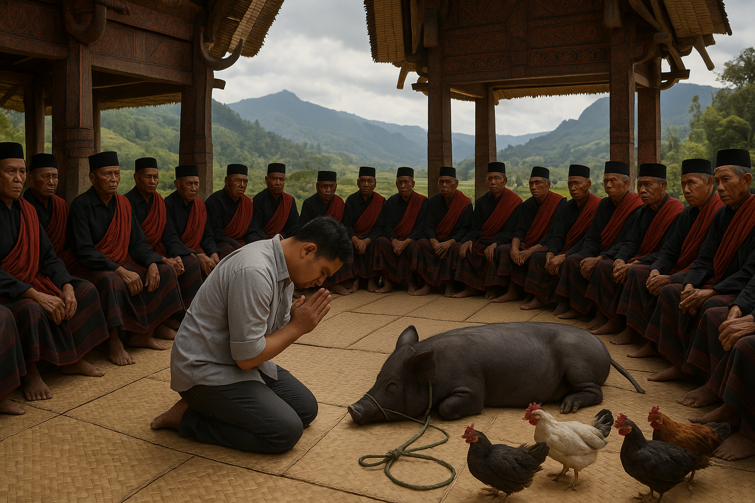 Comedian Pandji Pragiwaksono apologizes in traditional Toraja court before elders, with ritual pig and chickens.