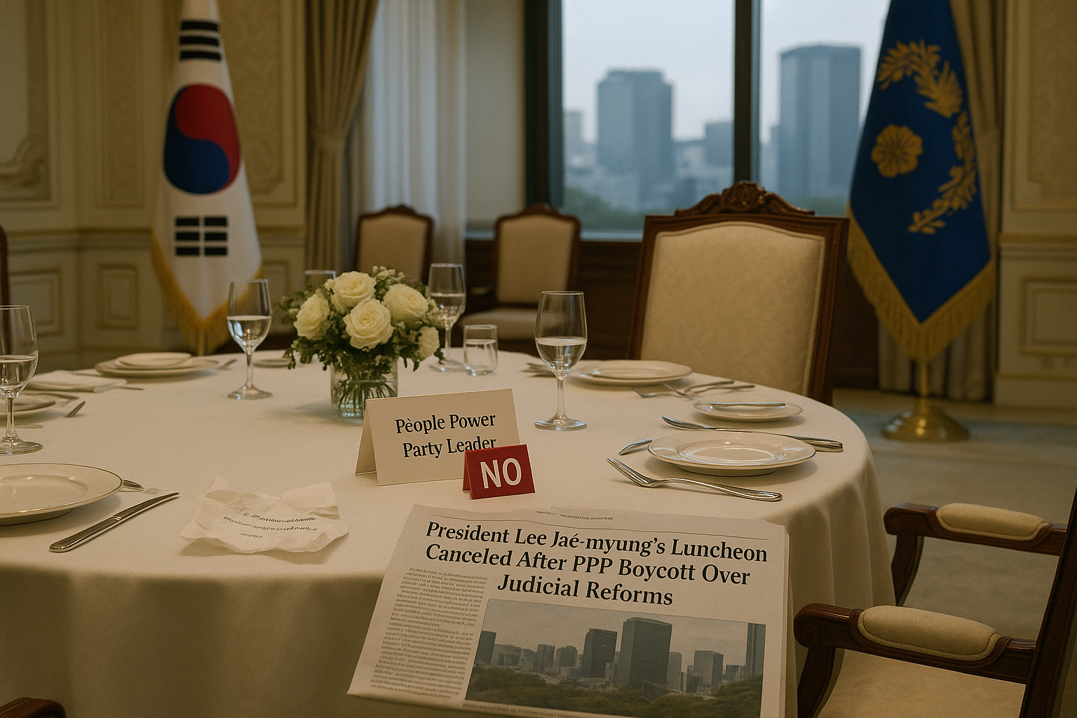Empty presidential luncheon table after PPP boycott cancellation, illustrating political discord over judicial reforms.